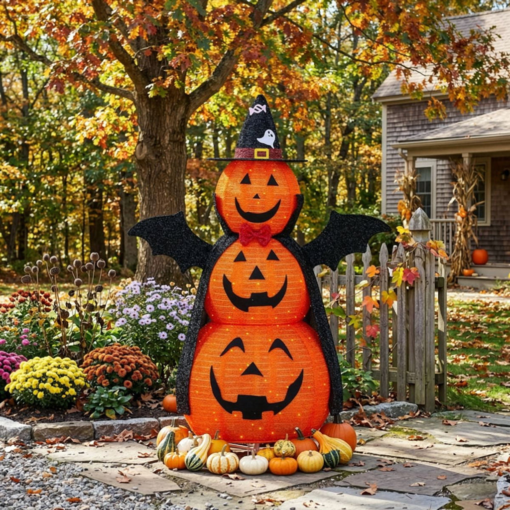 Alvantor 5 ft Lighted 3-Tier Pop-Up Pumpkin Halloween Decoration with Witch Hat, Cape, Bat Wings and 130 Warm White LEDs, Orange