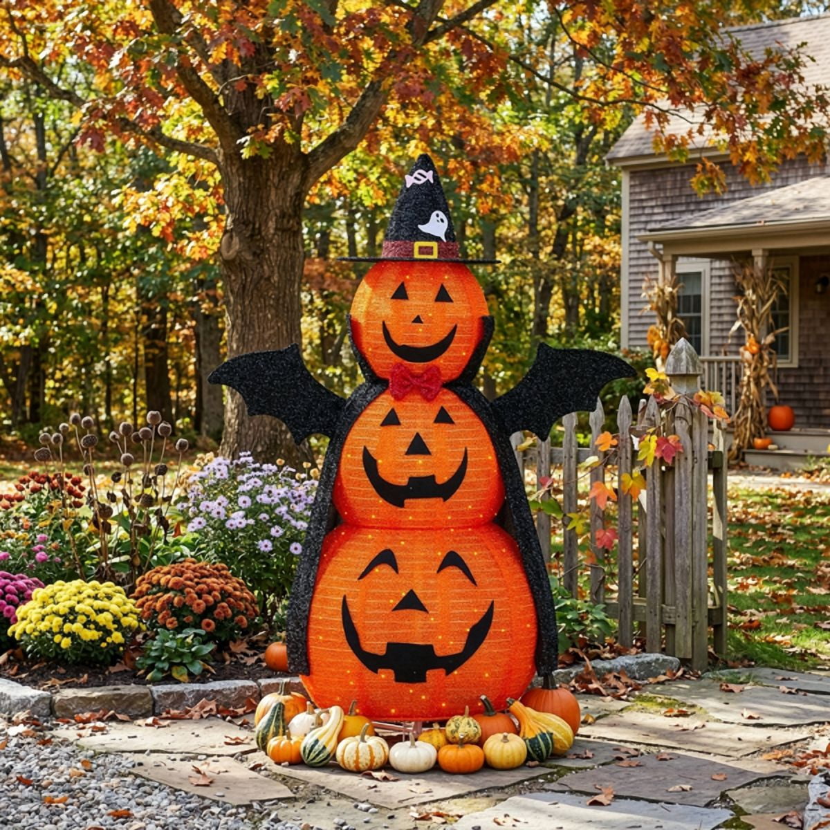 Alvantor 5 ft Lighted 3-Tier Pop-Up Pumpkin Halloween Decoration with Witch Hat, Cape, Bat Wings and 130 Warm White LEDs, Orange