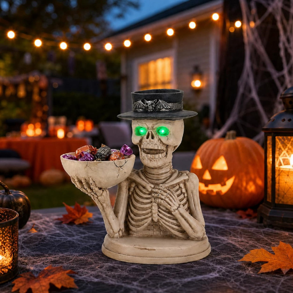 Halloween Ghost Statue with LED Glowing Eyes, Resin Ghost Figurine Tabletop Decor for Indoor Home, Mantel, Shelf, Entryway and Halloween Party Display