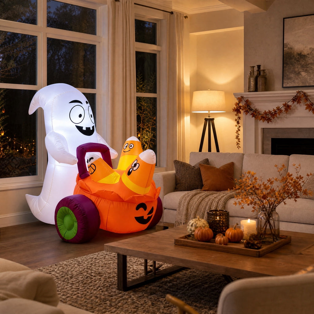 HHJZPR Halloween Inflatable Ghost Driving Pumpkin Cart Yard Decor, 59.06in Built-in LED Light Blow Up Candy Corn Pumpkin Trolley Outdoor Lawn Holiday Ornament