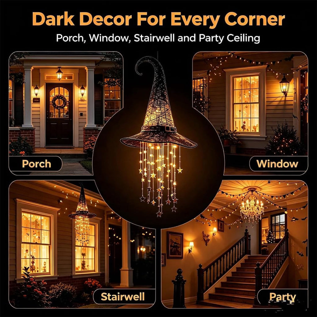 Lighted Witch Hat Hanging Chime, LED Black Mesh Witch Hat with Glowing Star Garland, Indoor Outdoor Halloween Decor for Porch Tree Window