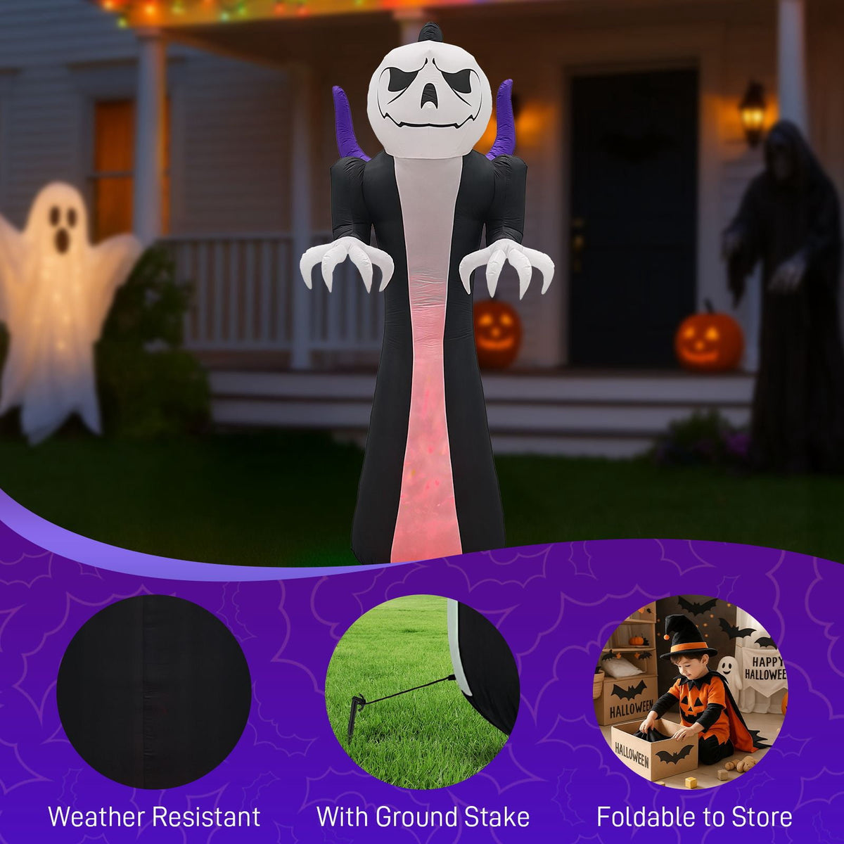12FT Inflatable Grim Reaper with Jack-O-Lantern Pumpkin Head 3-Color Flame LED Halloween Yard Decor