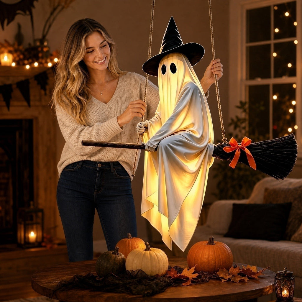 51.97 in Halloween Hanging Ghost Decor on Broom, Swing Ghost with Witch Hat, Light Up Ghost with Remote Control, LED Glowing Ghost Ornament for Tree Porch Yard Indoor Outdoor Haunted House Decor,A