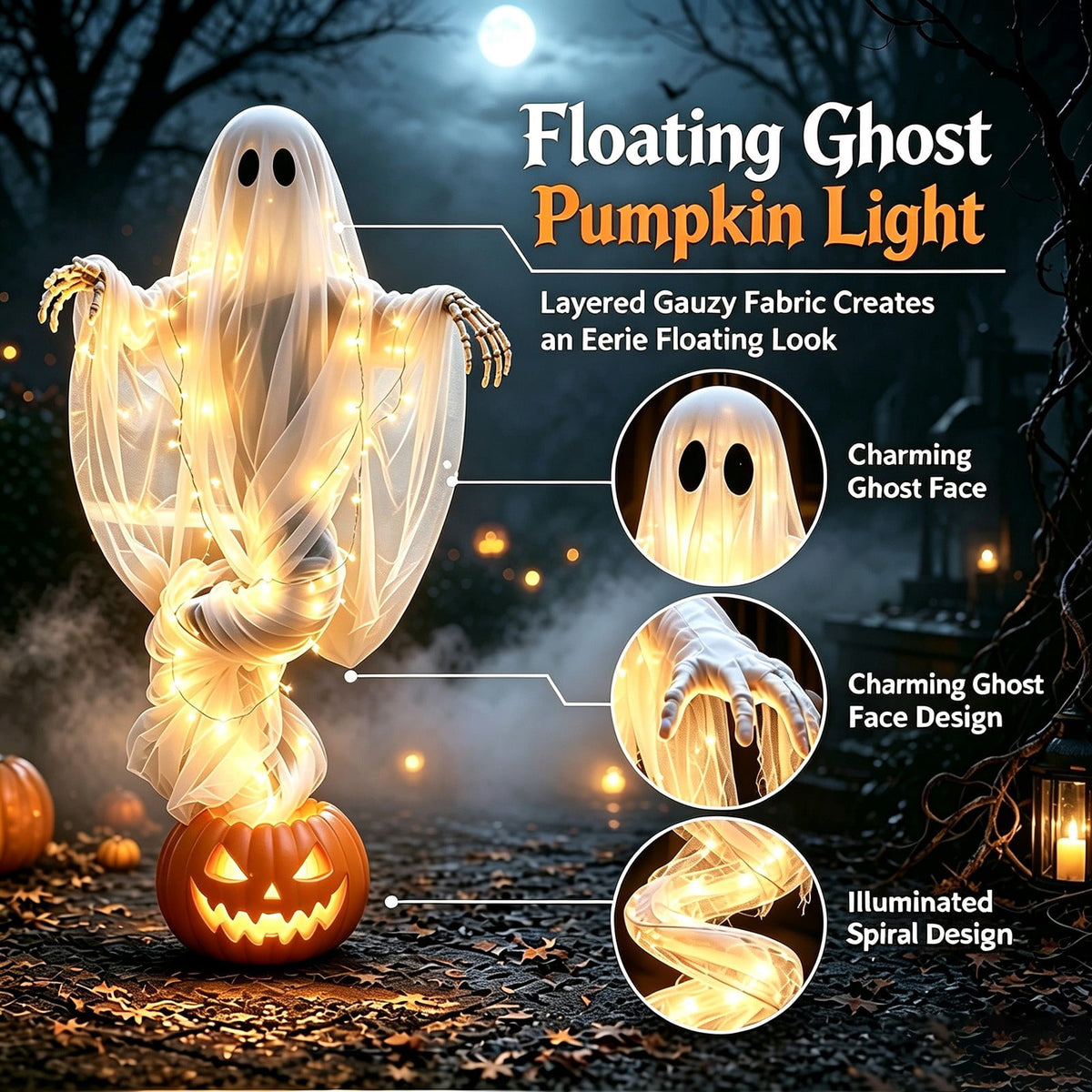 syligr Halloween Decorations Outdoor for Yard Porch, 51 Inch Light Up Floating Ghost Pumpkin with Skeleton Hands, Glowing Gauzy Ghost Decor for Garden Entryway Party, Battery Operated