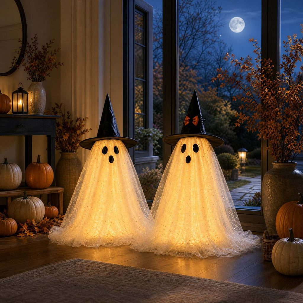 2 Pack Light Up Standing Tulle Ghost Halloween Decorations with Witch Hat, Warm LED Fairy Light Ghost Yard Stakes, Spooky Cute Ghost Outdoor Lawn Porch Mantel Home Halloween Party Decor