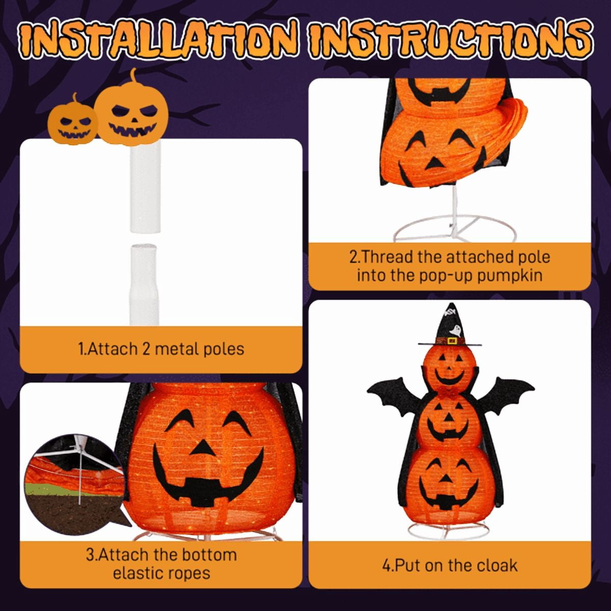 Alvantor 5 ft Lighted 3-Tier Pop-Up Pumpkin Halloween Decoration with Witch Hat, Cape, Bat Wings and 130 Warm White LEDs, Orange