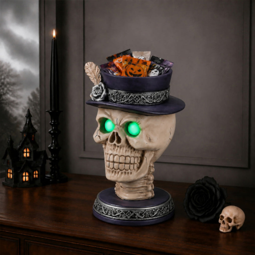 SpookHaven Halloween Jack‑O‑Lantern Pumpkin Mist Sprayer Figurine, LED Light‑Up Fogger with Witch Hat & Skull Decoration, Spooky Ornament for Tabletop Entryway Halloween Party Home Decor