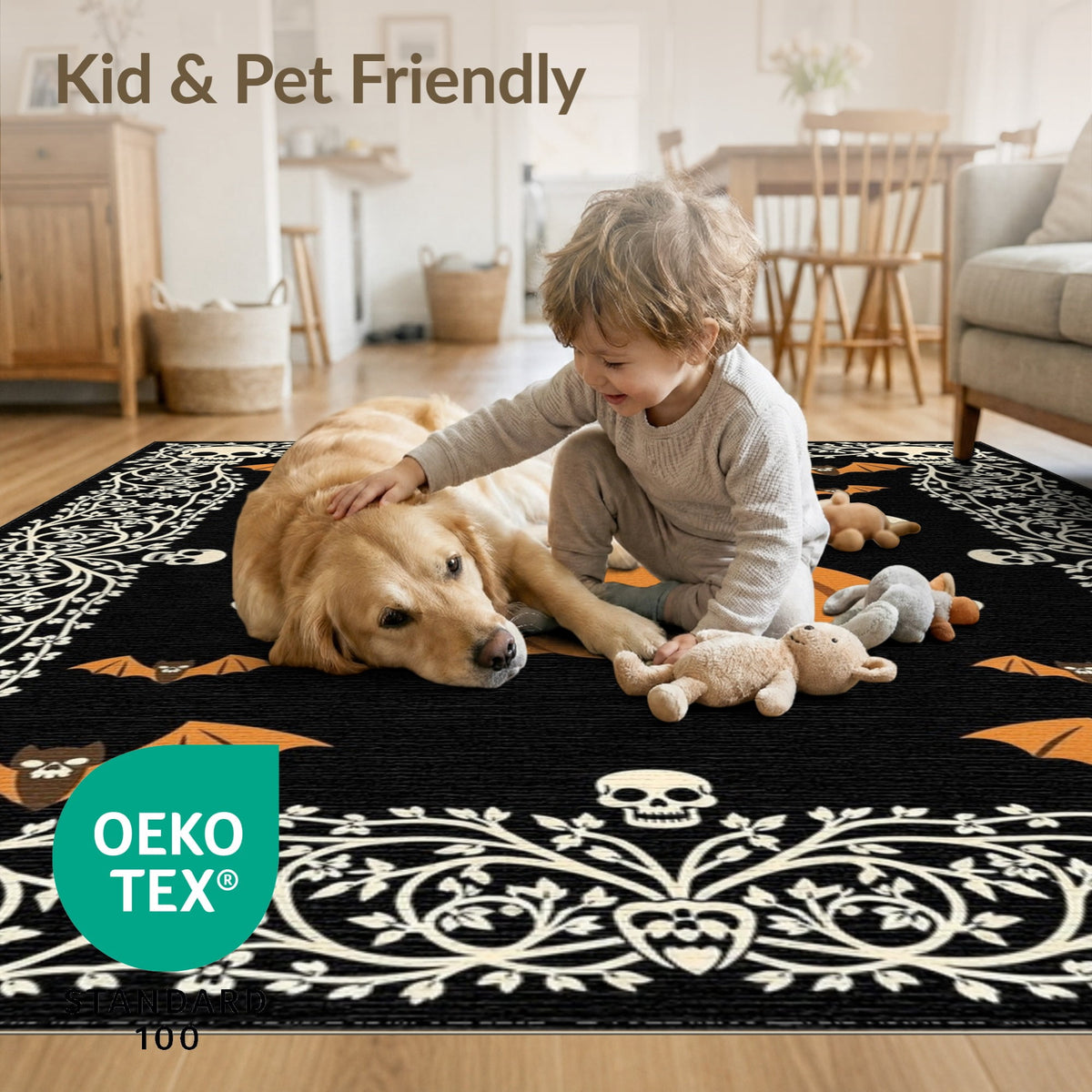 ODIKA Retro Halloween Welcome Featuring Ghosts Pumpkins Bats Skulls Non-Slip Flatwoven for Living Room, Under Sectional, Family