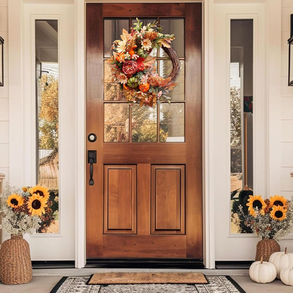 24 Inch Fall Wreaths for Front Door Outside, Fall Door Wreath with Pumpkins,Dahlia,Sunflowers, Maple Leaves,Autumn Wreaths Decorations for Harvest Thanksgiving Halloween Indoor Outdoor Home Decor