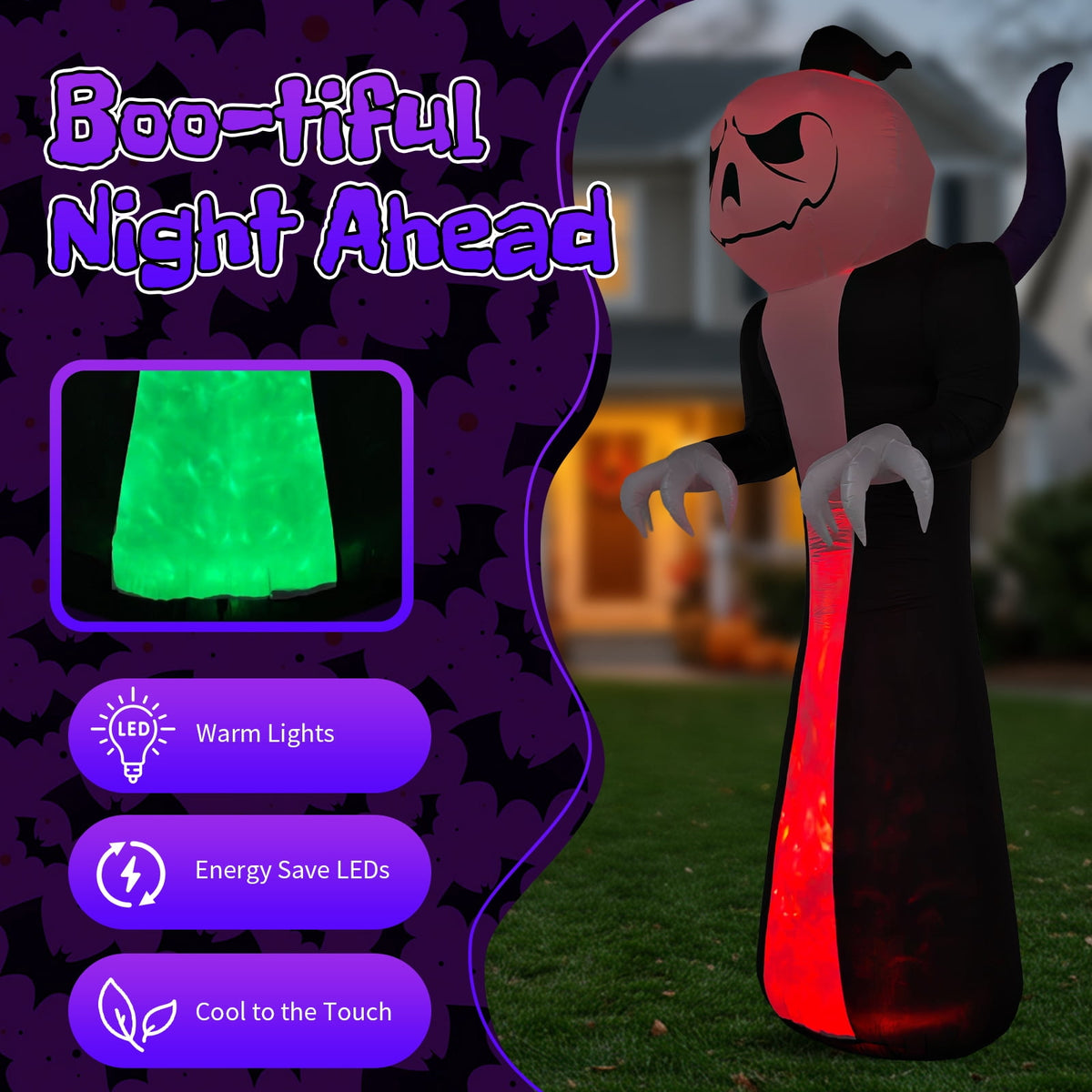 12ft Giant Halloween Inflatable Grim Reaper with Pumpkin Head and 3 Color LED Flame Decor