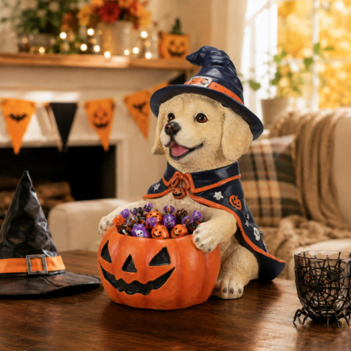 SpookHaven Halloween Jack‑O‑Lantern Pumpkin Mist Sprayer Figurine, LED Light‑Up Fogger with Witch Hat & Skull Decoration, Spooky Ornament for Tabletop Entryway Halloween Party Home Decor