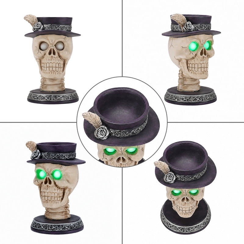 Halloween Resin Skull Candle Holder Figurine with LED Glowing Green Eyes, Skeleton Head Statue with Feather Top Hat, Spooky Tabletop Halloween Party Decor