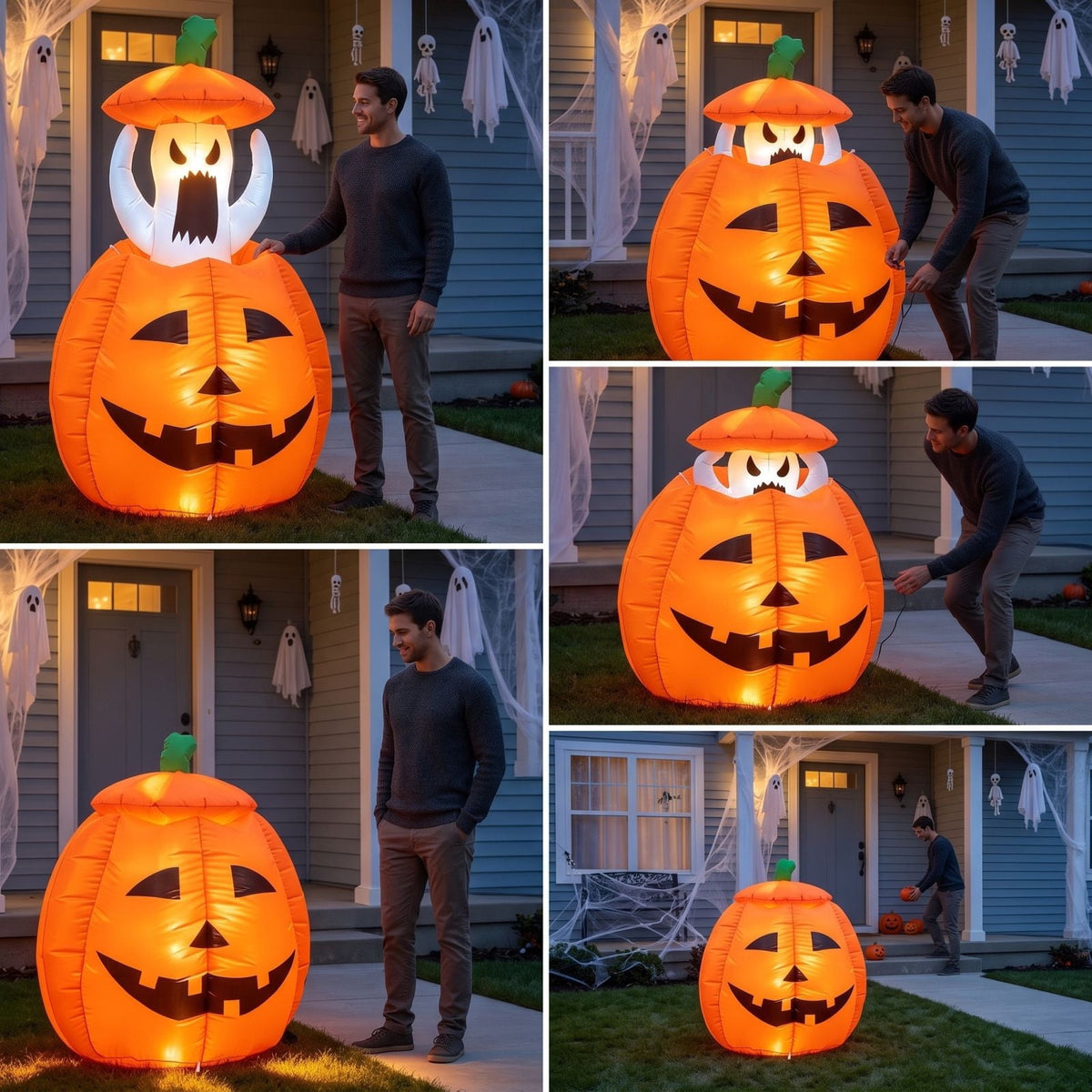 FeiBiQiuBi 4FT Halloween Inflatable Ghost Outdoor Decorations, Blow Up Yard Decorations in Pumpkin, Blow Up Ghost Inflatable with LEDs for Cute Halloween Decor