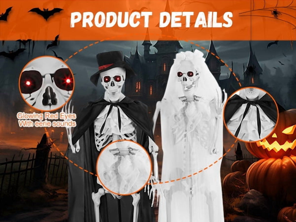 Floseru Life Size Halloween Skeleton Couple, Bride & Groom Set with Glowing Eyes, Poseable Joints, for Spooky Indoor Outdoor Display
