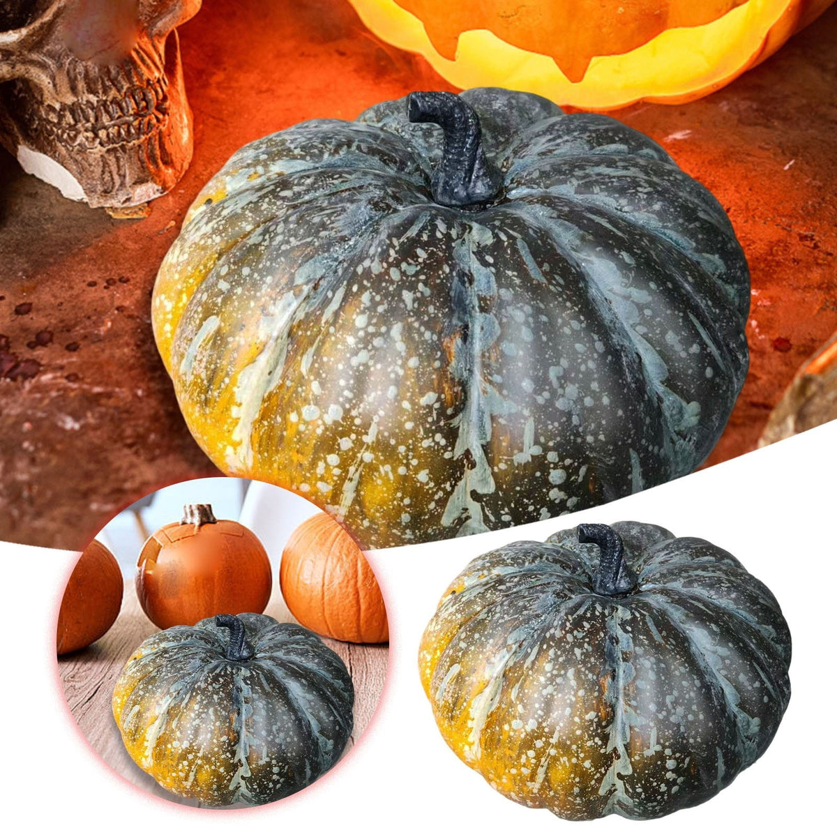 13.7" Halloween Foam Pumpkin Decorations, 2 Pack Artificial Pumpkins for Table Mantel Shelf Display, Fall Autumn Home Decor for Thanksgiving Party (Green)