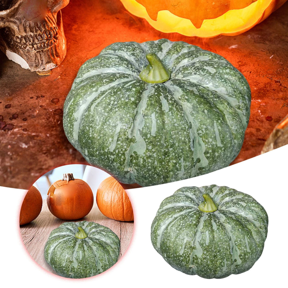 13.7" Halloween Foam Pumpkin Decorations, 2 Pack Artificial Pumpkins for Table Mantel Shelf Display, Fall Autumn Home Decor for Thanksgiving Party (Green)