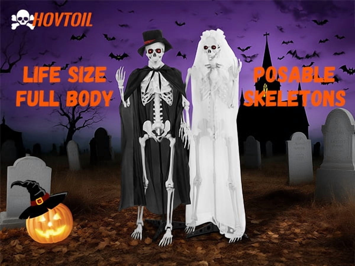 Floseru Life Size Halloween Skeleton Couple, Bride & Groom Set with Glowing Eyes, Poseable Joints, for Spooky Indoor Outdoor Display