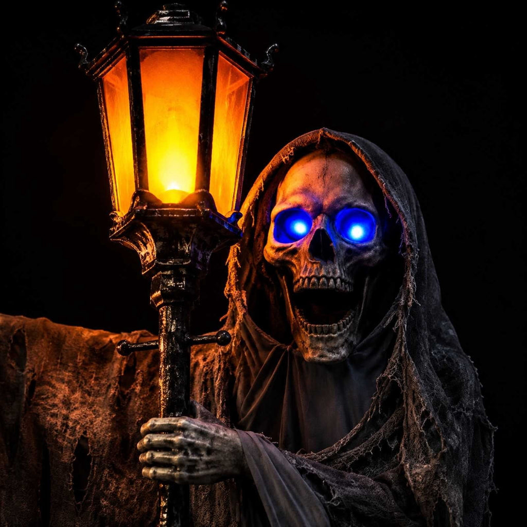 Halloween Animatronics Outdoor 72", Light Up Grim Reaper Street Lamp Post with Glowing Eyes, Life Size Standing Skeleton Decor for Lawn Porch, 1 Pack