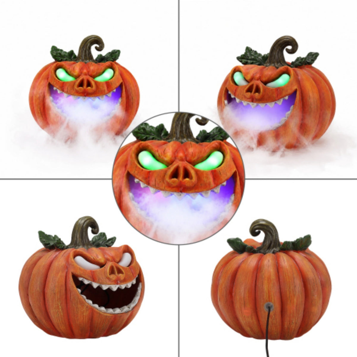 SpookHaven Halloween Jack‑O‑Lantern Pumpkin Mist Sprayer Figurine, LED Light‑Up Fogger with Witch Hat & Skull Decoration, Spooky Ornament for Tabletop Entryway Halloween Party Home Decor