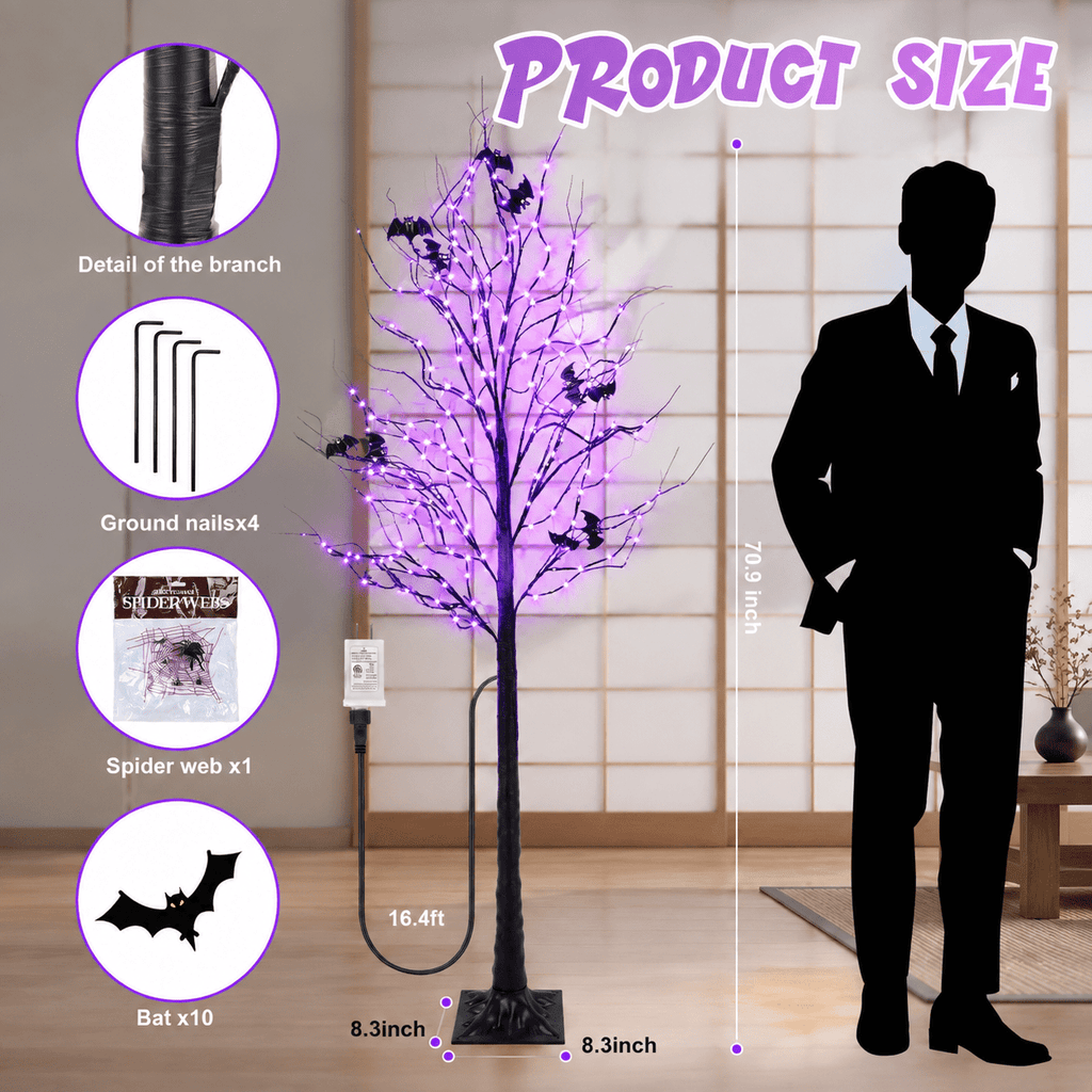 Lighted Tree With 260 Led Lights 6ft Black Timer 8 Modes Dimmable Web & Bats Diy Indoor Outdoor Decorations