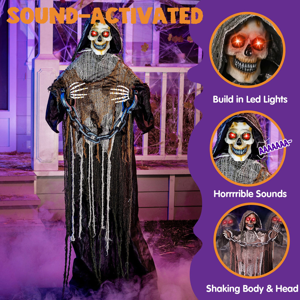 Joyfy 67"(5.6ft) Standing Grim Reaper with Chain, Large Halloween Decorations Outdoor, Life Size Animatronics Skelton, Sound-Actived Party Decor with Creepy Sound & LED Eyes, Scary Haunted House Prop