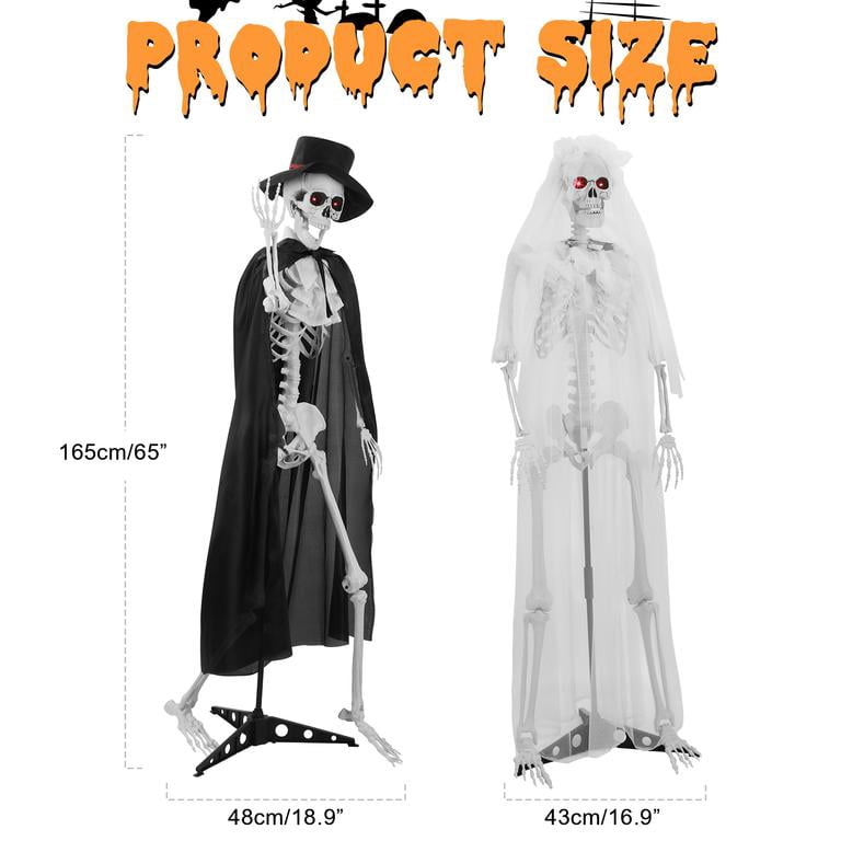 Floseru 65 Inch Halloween Skeleton Couple Set, Bride in Veil and Groom in Robe, Glowing Eyes, Poseable Joints, for Indoor Outdoor Decor