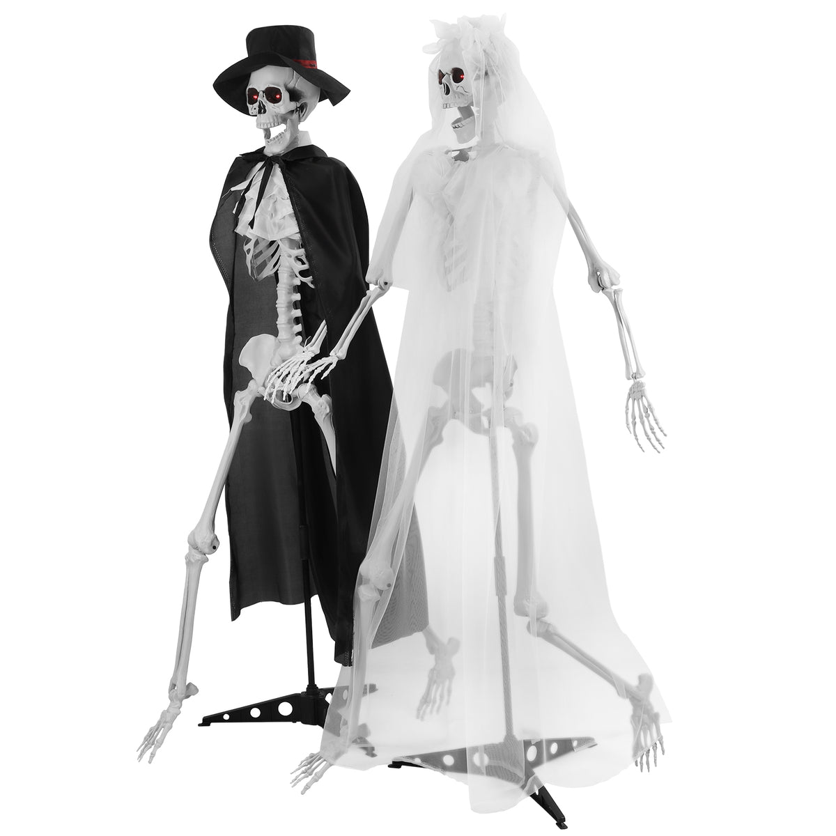 SUSUchens Life-Size 65" Halloween Skeleton Couple Full Body Bones Posable Skeleton with Movable Joints, Bride,Groom Skeleton Decor with Sound,Glowing Eyes,Haunted House Party Props