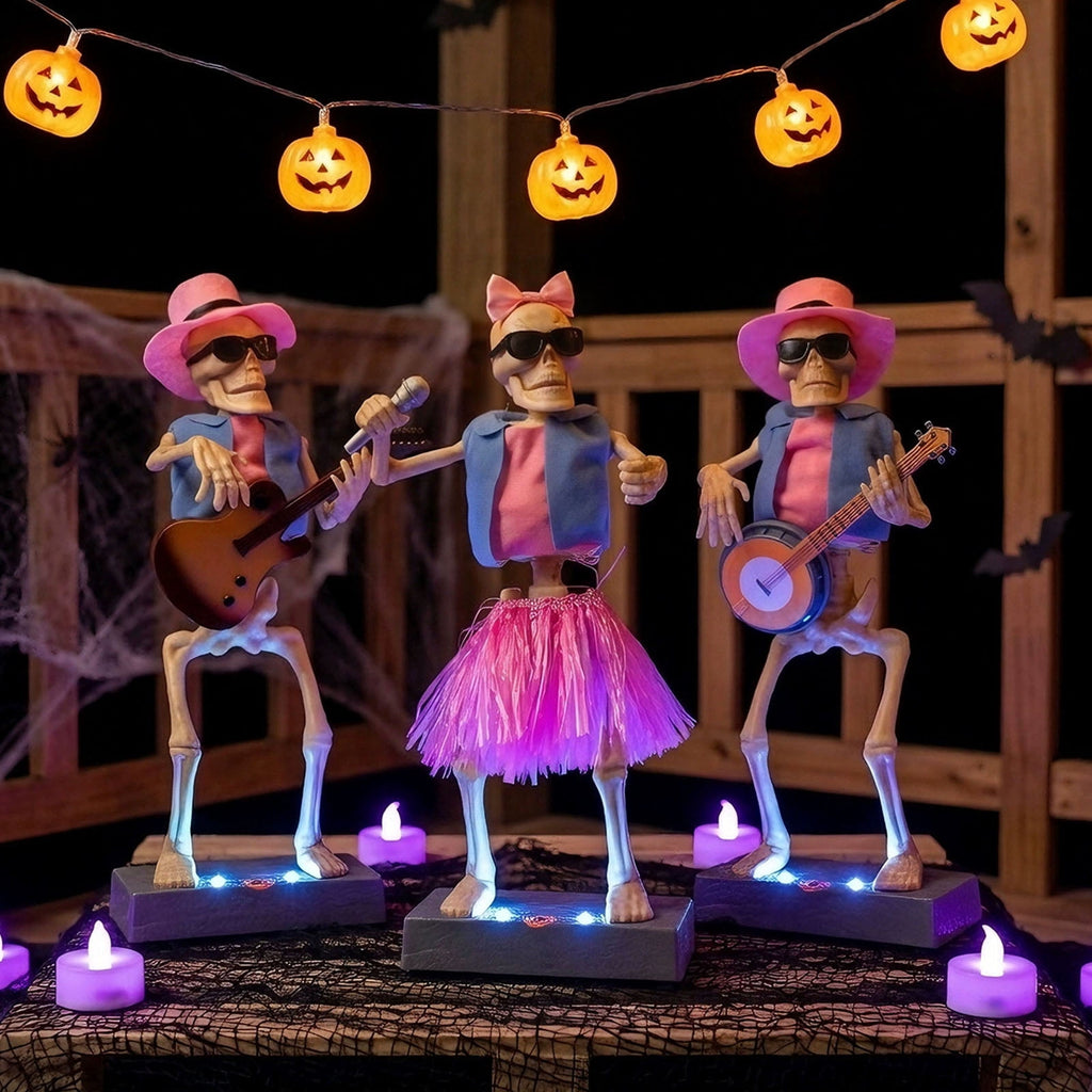 Halloween 3-Pack Rock Band Skeleton Figurine Set with LED Lit Base, 14.6" Pink Hawaiian Outfit Musician Skeleton Statues, Bar Counter Halloween Party Tabletop Decor