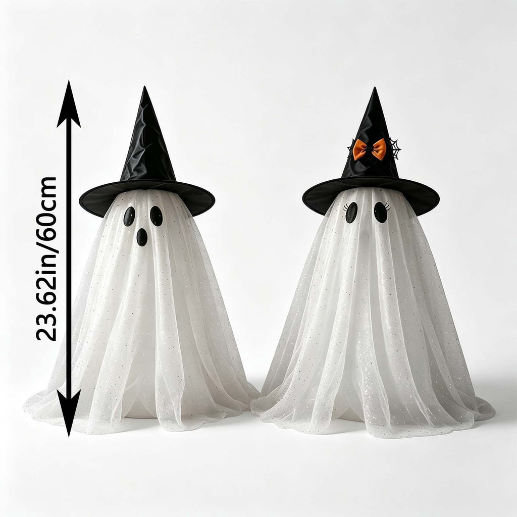 2 Pack Light Up Standing Tulle Ghost Halloween Decorations with Witch Hat, Warm LED Fairy Light Ghost Yard Stakes, Spooky Cute Ghost Outdoor Lawn Porch Mantel Home Halloween Party Decor