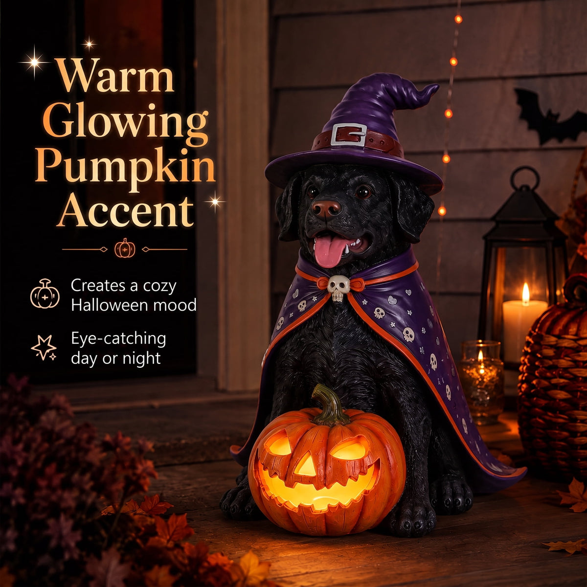 A7Store Halloween Golden Retrieve Dog Indoor Outdoor Porch Statue with Lighted Pumpkin, Pink Witch Hat and Cape