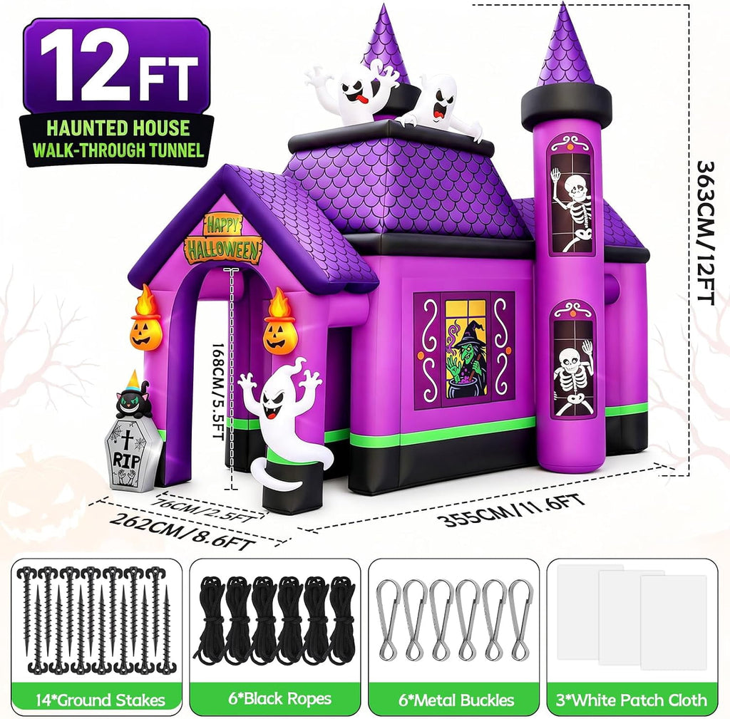 Kalolary 12FT Witch Haunted House Halloween Inflatable Archway, Purple Tunnel Bounce House Halloween Blow up Outdoor Decorations for Yard Festival Party