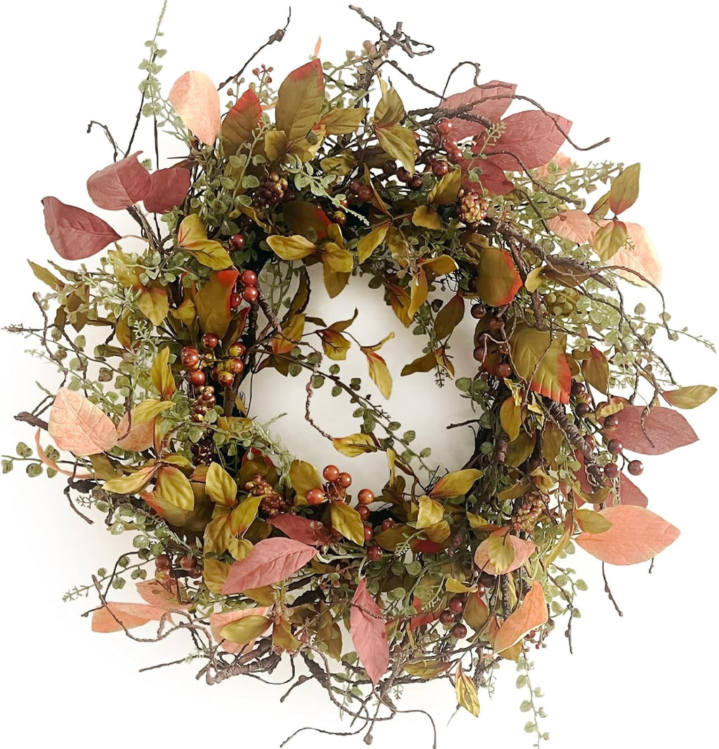 24 Inch Fall Wreath for Front Door with Large Grapevine, Orange Pip Berry Wreath for Fall Door Decor, Autumn Wreaths for Farmhouse Wall Window Home and Halloween Christmas Thanksgiving Decoration