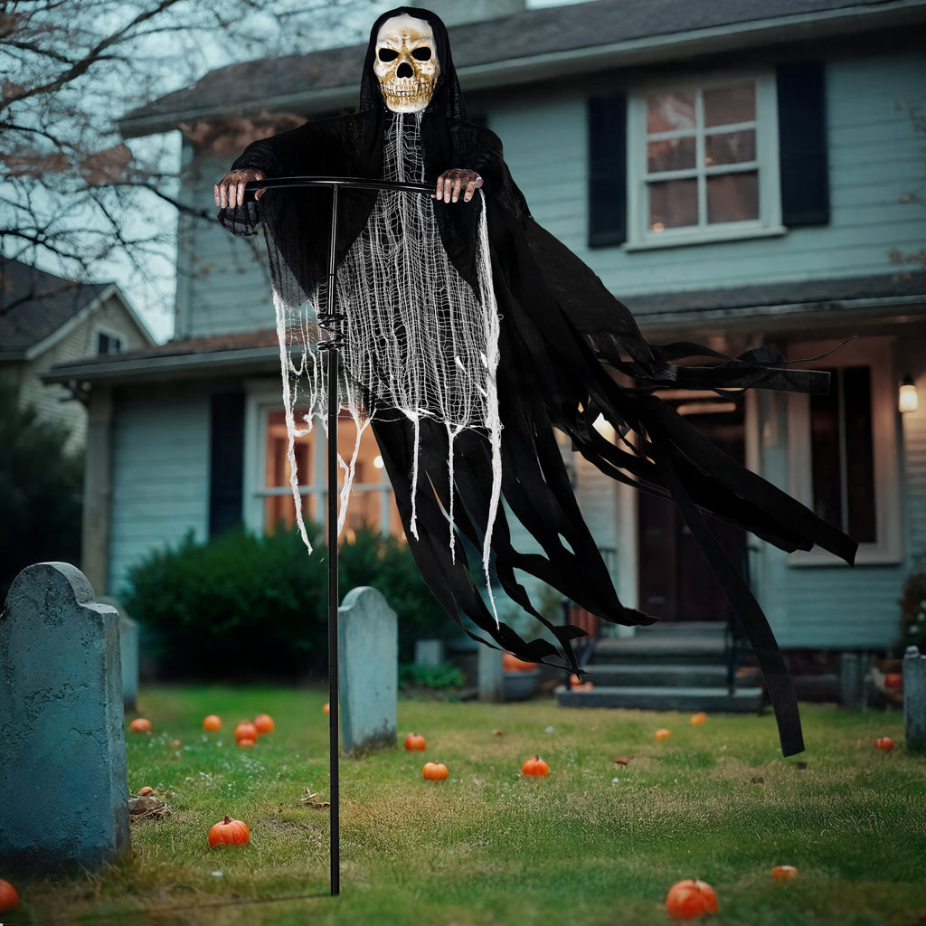 Joyfy 67"(5.6ft) Standing Grim Reaper with Chain, Large Halloween Decorations Outdoor, Life Size Animatronics Skelton, Sound-Actived Party Decor with Creepy Sound & LED Eyes, Scary Haunted House Prop