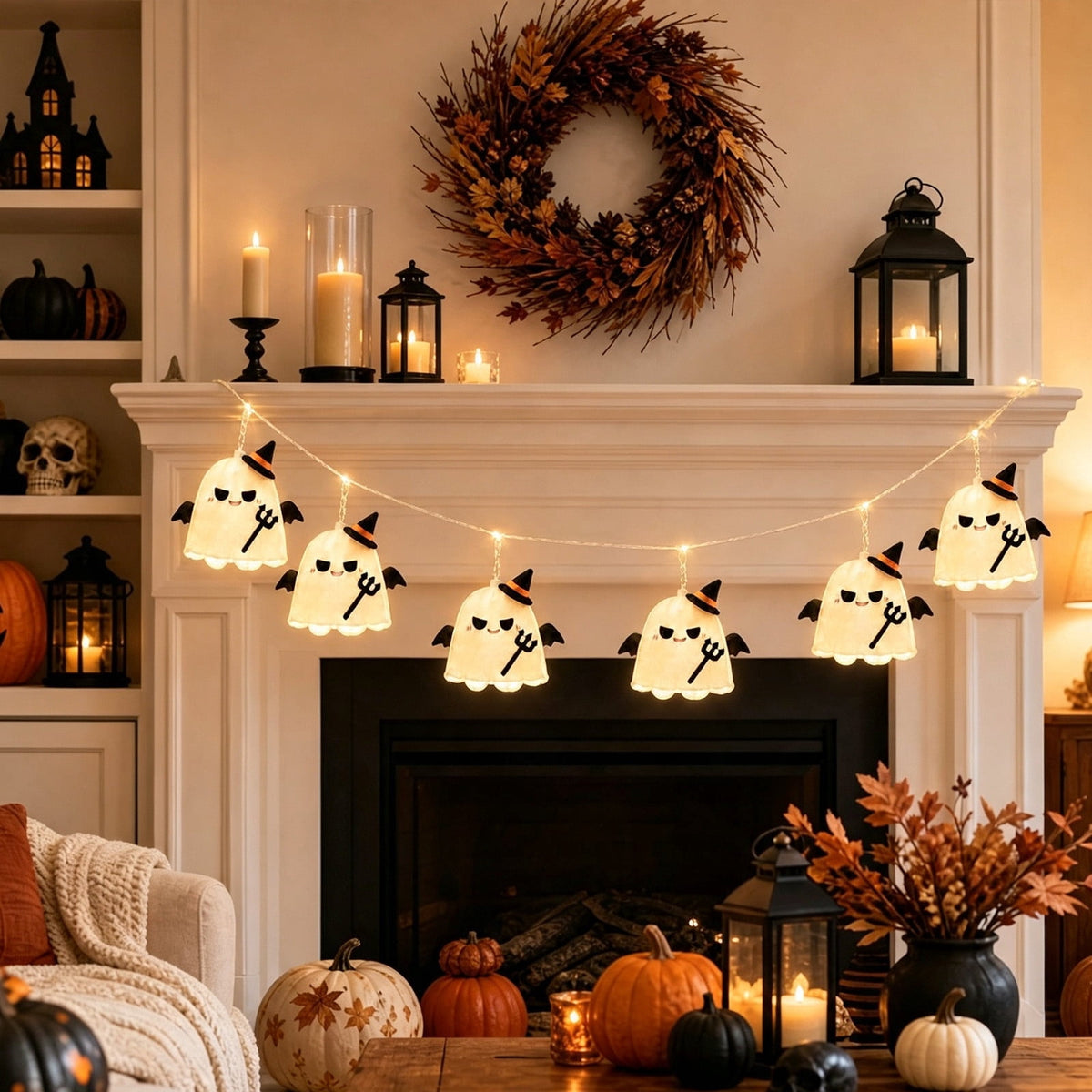 AZXY Halloween Stacked Lighted Pumpkin Figurine, Skeleton Cut‑Out Pumpkin Lamp, Spooky Holiday Floor Ornament, Halloween Yard Party Decoration for Porch Yard Living Room Use
