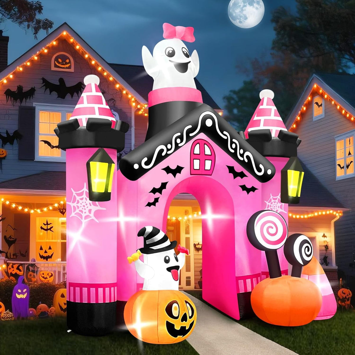 Kalolary 11 FT Halloween Inflatables Ghost Archway Outdoor Decorations, Pink Castle Arch Blow Up Decorations Scary Inflatable with Build-in Lights for Yard Garden Lawn Outdoor Decor