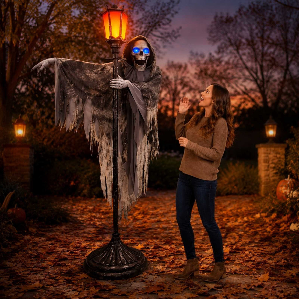 ShengapQ Halloween Ghost Street Lamp Light Up Skeleton Prop, Glowing Eyes Decoration, Outdoor Porch Display, Spooky Yard Decor, Creepy Halloween Centerpiece