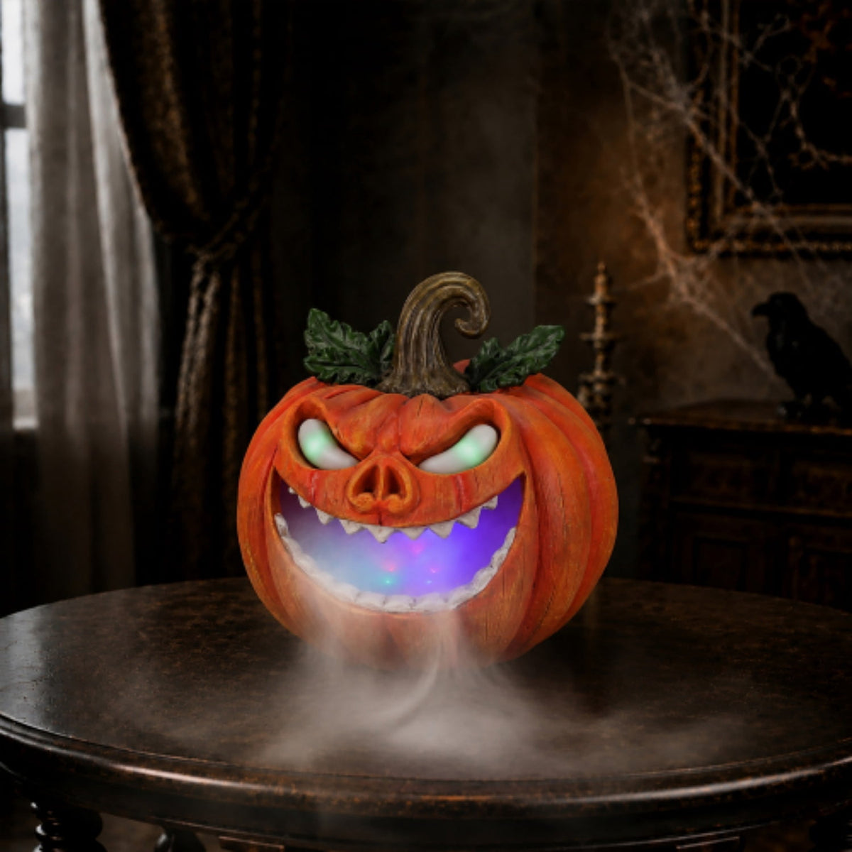 SpookHaven Halloween Jack‑O‑Lantern Pumpkin Mist Sprayer Figurine, LED Light‑Up Fogger with Witch Hat & Skull Decoration, Spooky Ornament for Tabletop Entryway Halloween Party Home Decor