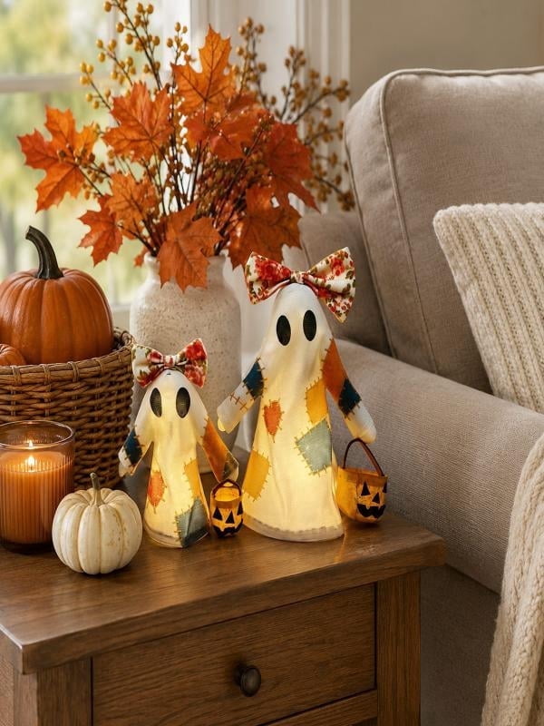 Lighted Halloween Table Centerpiece, Witch Hat Pumpkin Lamp, Black Woven Rattan Halloween Decor Indoor, Glowing Tabletop Decoration for Party Home