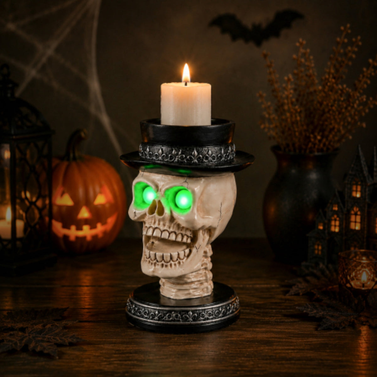 SpookHaven Halloween Jack‑O‑Lantern Pumpkin Mist Sprayer Figurine, LED Light‑Up Fogger with Witch Hat & Skull Decoration, Spooky Ornament for Tabletop Entryway Halloween Party Home Decor