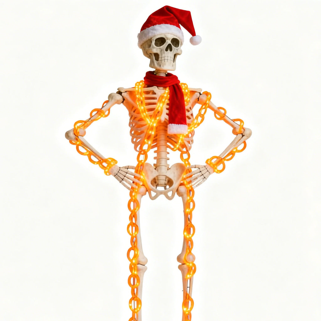 Lighted Up Giant Skeleton Christmas Outfit,12ft Skeleton Xmas Accessories Costume Including Giant Santa Hat,Scarf,10ft Chain Lights,Inflatable Candy Cane for Garden Lawn Indoor Outdoor Decor