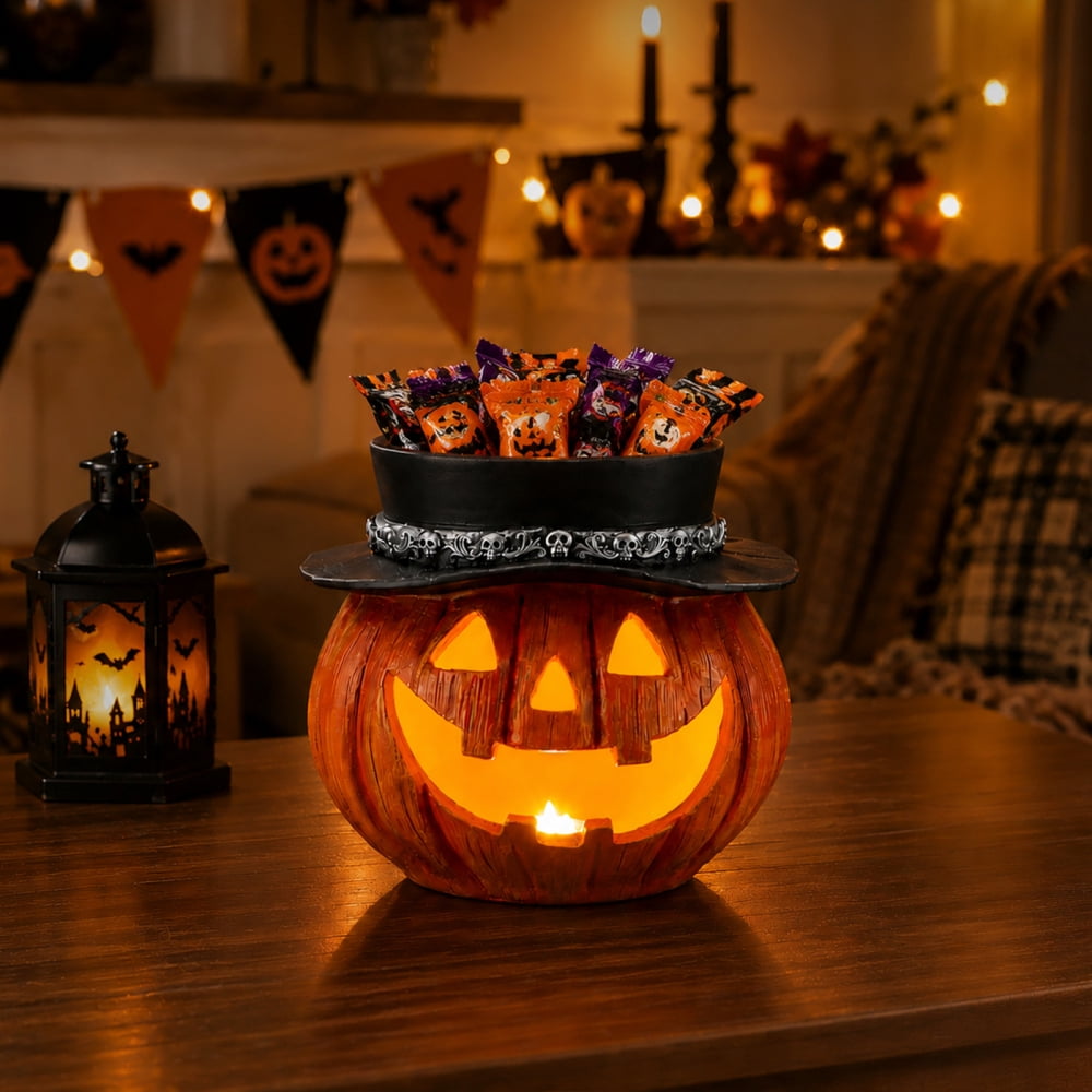 Light Up Pumpkin Candy Bowl with Witch Hat, LED Jack O Lantern Tabletop Decor, Spooky Resin Storage Container for Home Halloween Party