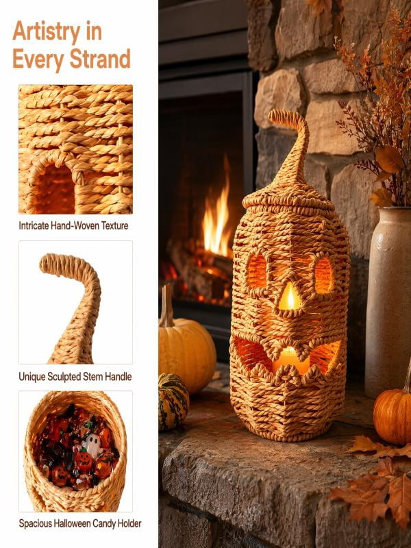 Lighted Halloween Table Centerpiece, Witch Hat Pumpkin Lamp, Black Woven Rattan Halloween Decor Indoor, Glowing Tabletop Decoration for Party Home