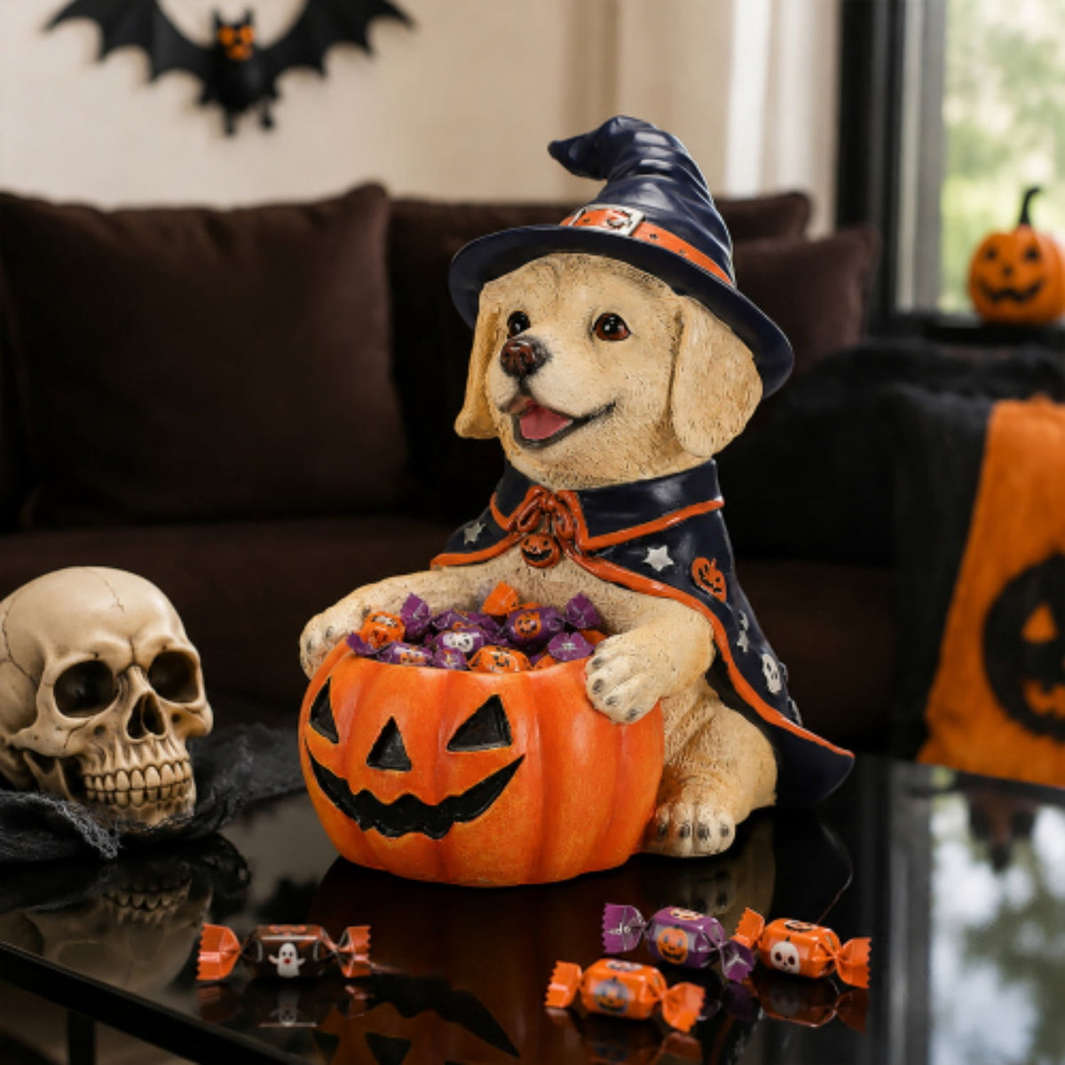 SpookHaven Halloween Jack‑O‑Lantern Pumpkin Mist Sprayer Figurine, LED Light‑Up Fogger with Witch Hat & Skull Decoration, Spooky Ornament for Tabletop Entryway Halloween Party Home Decor