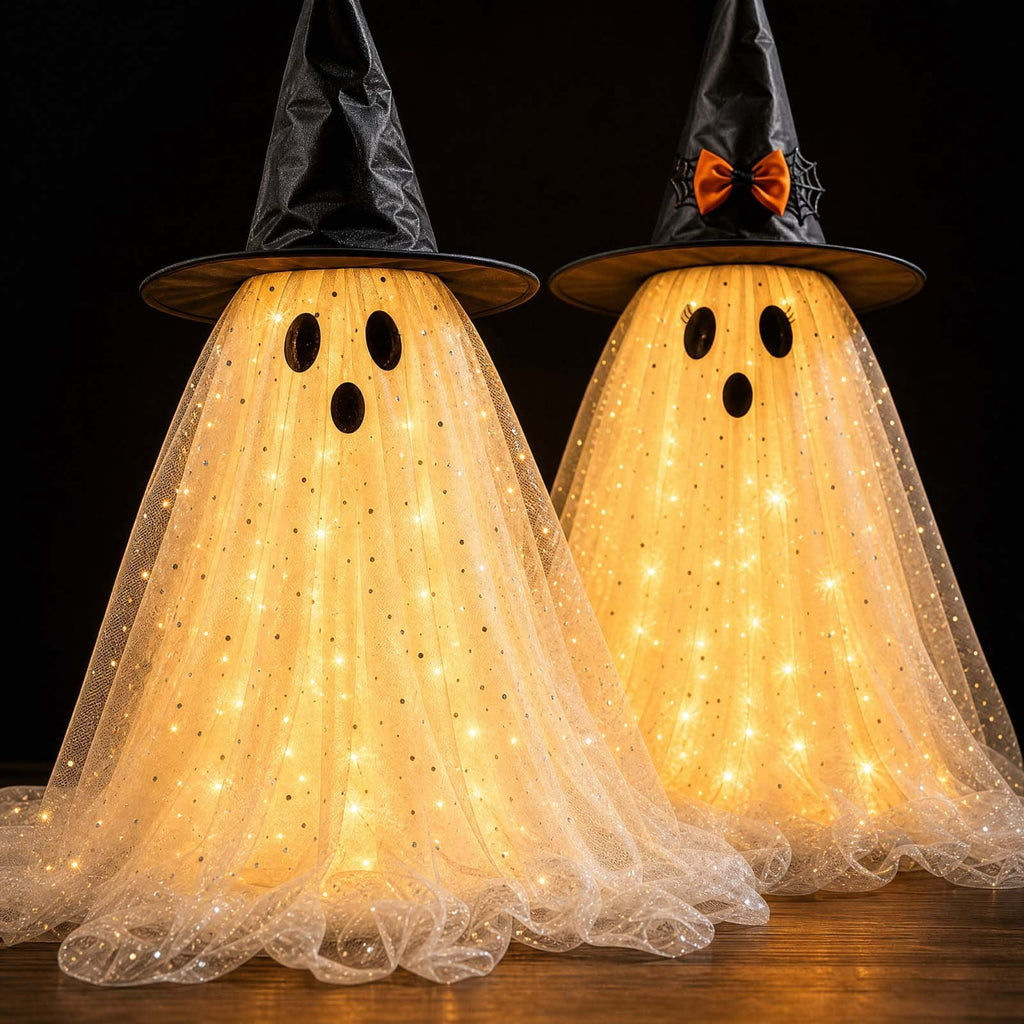 2 Pack Light Up Standing Tulle Ghost Halloween Decorations with Witch Hat, Warm LED Fairy Light Ghost Yard Stakes, Spooky Cute Ghost Outdoor Lawn Porch Mantel Home Halloween Party Decor