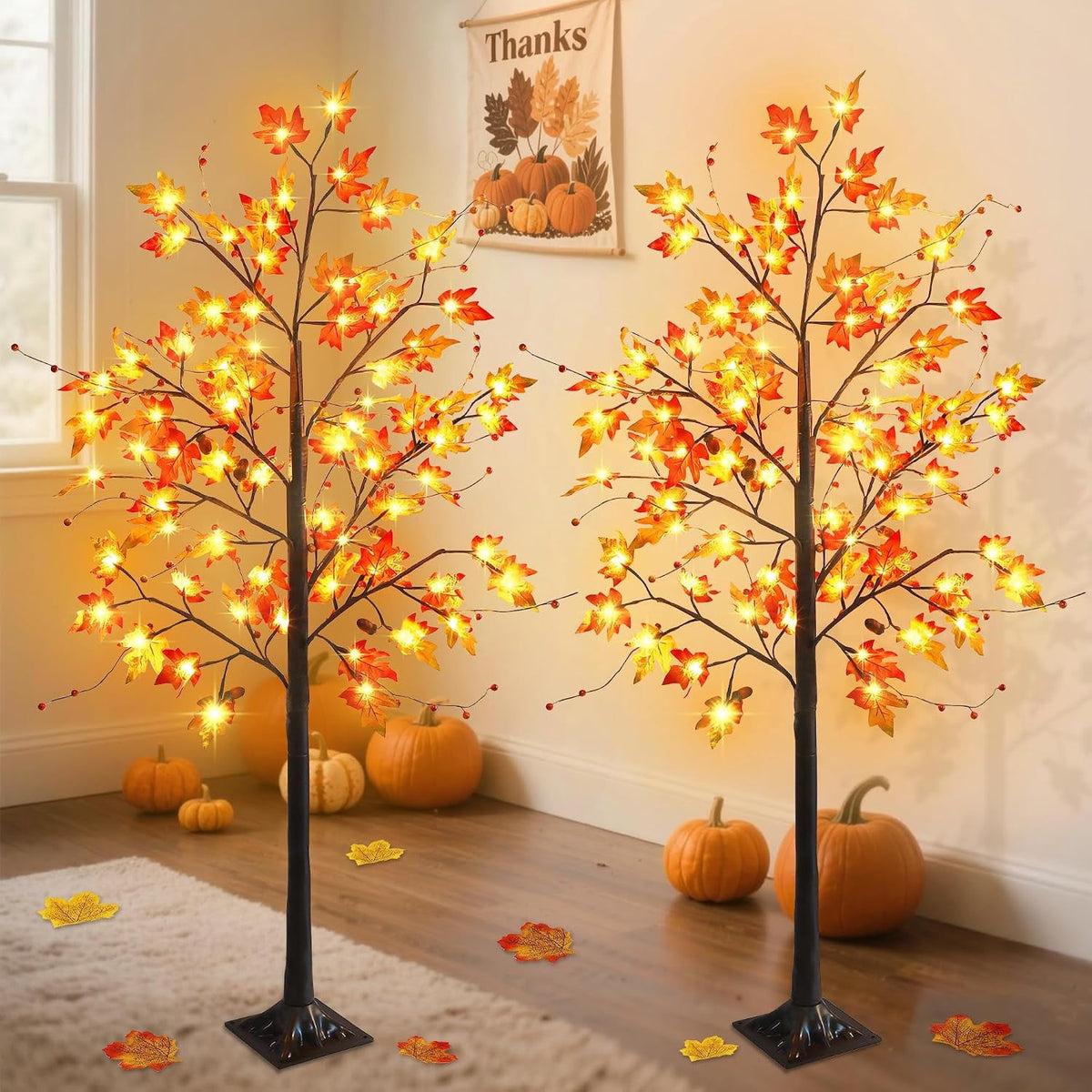 2 Pack LED Lighted Maple Tree, 5 FT Lighted Artificial Tree for Thanksgiving Harvest Fall Festival Halloween Home Party Decoration