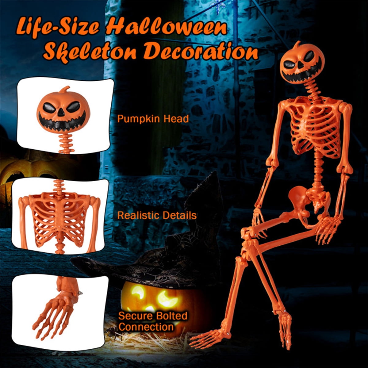 5.5ft Life-Size Halloween Skeleton with Pumpkin Head, Orange, PP+PE Material