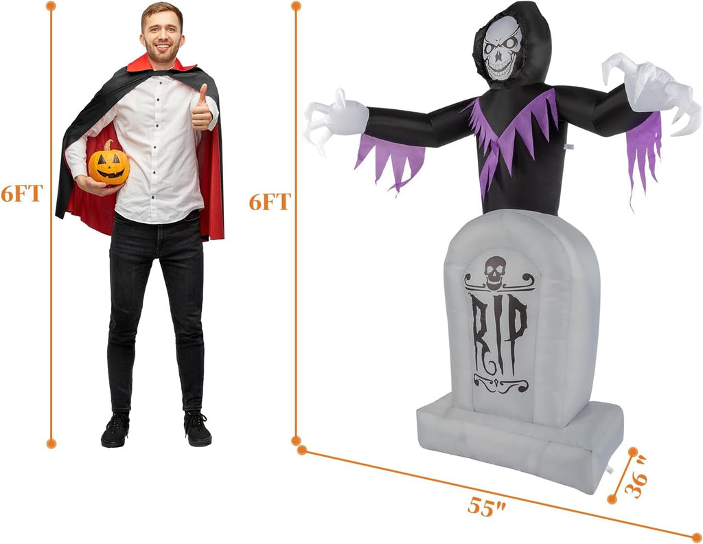 VINGLI Inflatable Halloween Outdoor Decorations, Blow Up Yard Decorations, Built-in LED Lights Décor for Indoor Home Party Garden Lawn Store, 6FT Death and The Grave