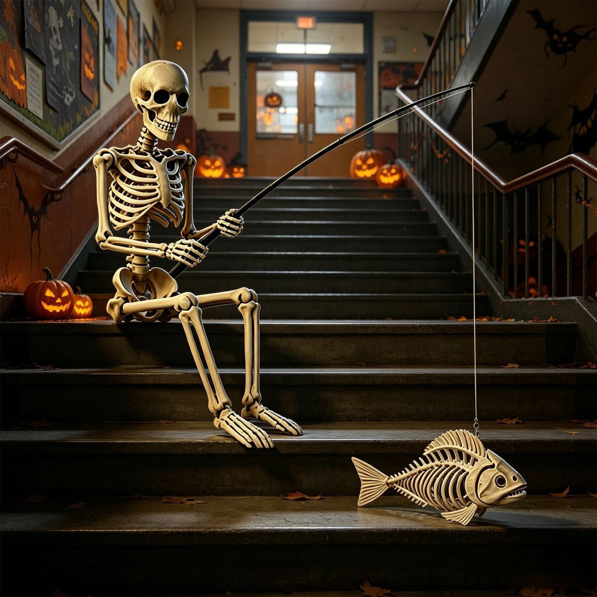 Fishing Skeleton Statue, 35'' Skeleton with 10'' Fish Skeleton, Resin Skull Fisher Sculpture for Aquarium and Garden Pond Edge Ornament Fish Tank Halloween Decorations