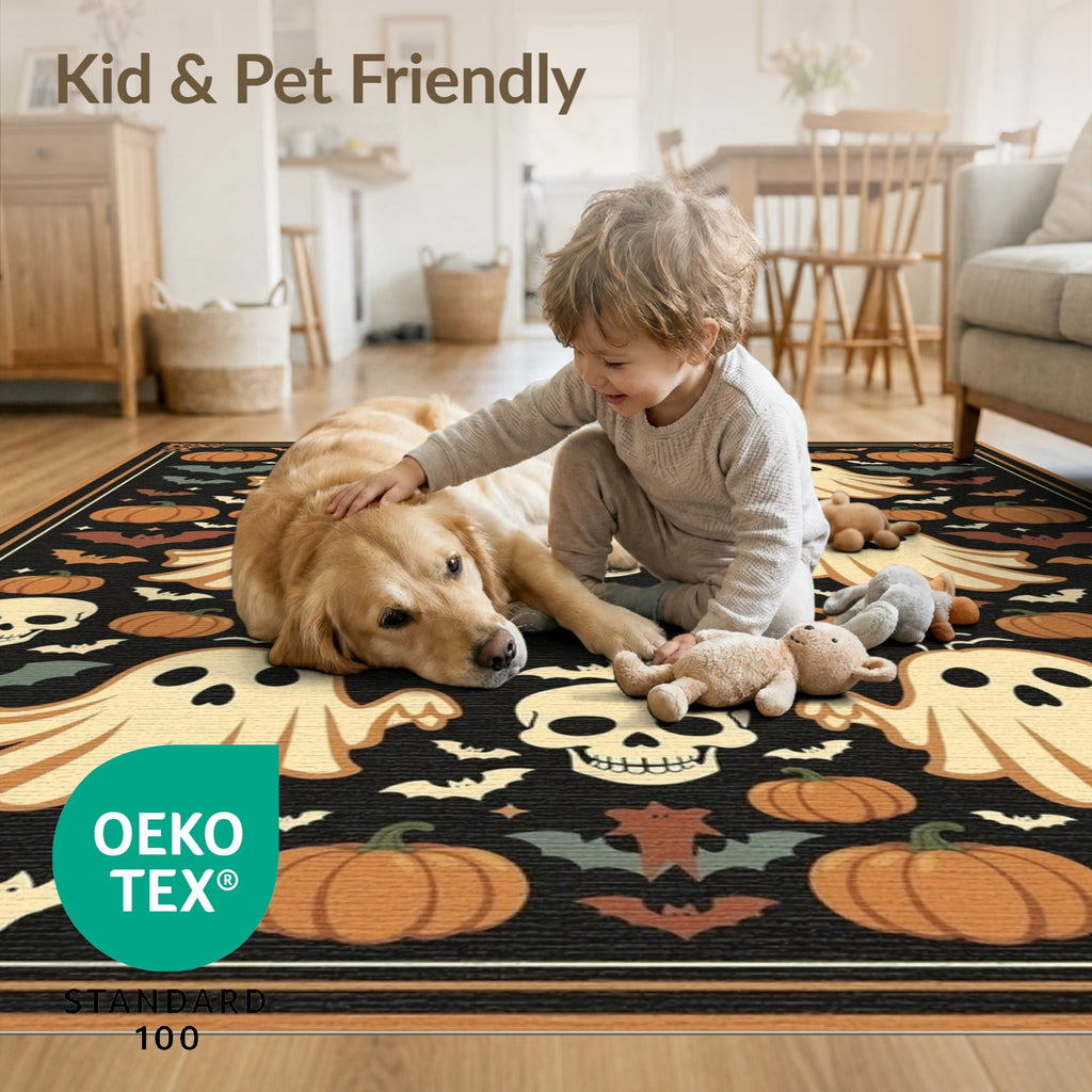 ODIKA 8'x10' Washable Area Rug Halloween Harvest Spirits Grinning Lantern Entrance Doormat Door for Living Room, Under Sectional, Family , Durable, Non-Slip