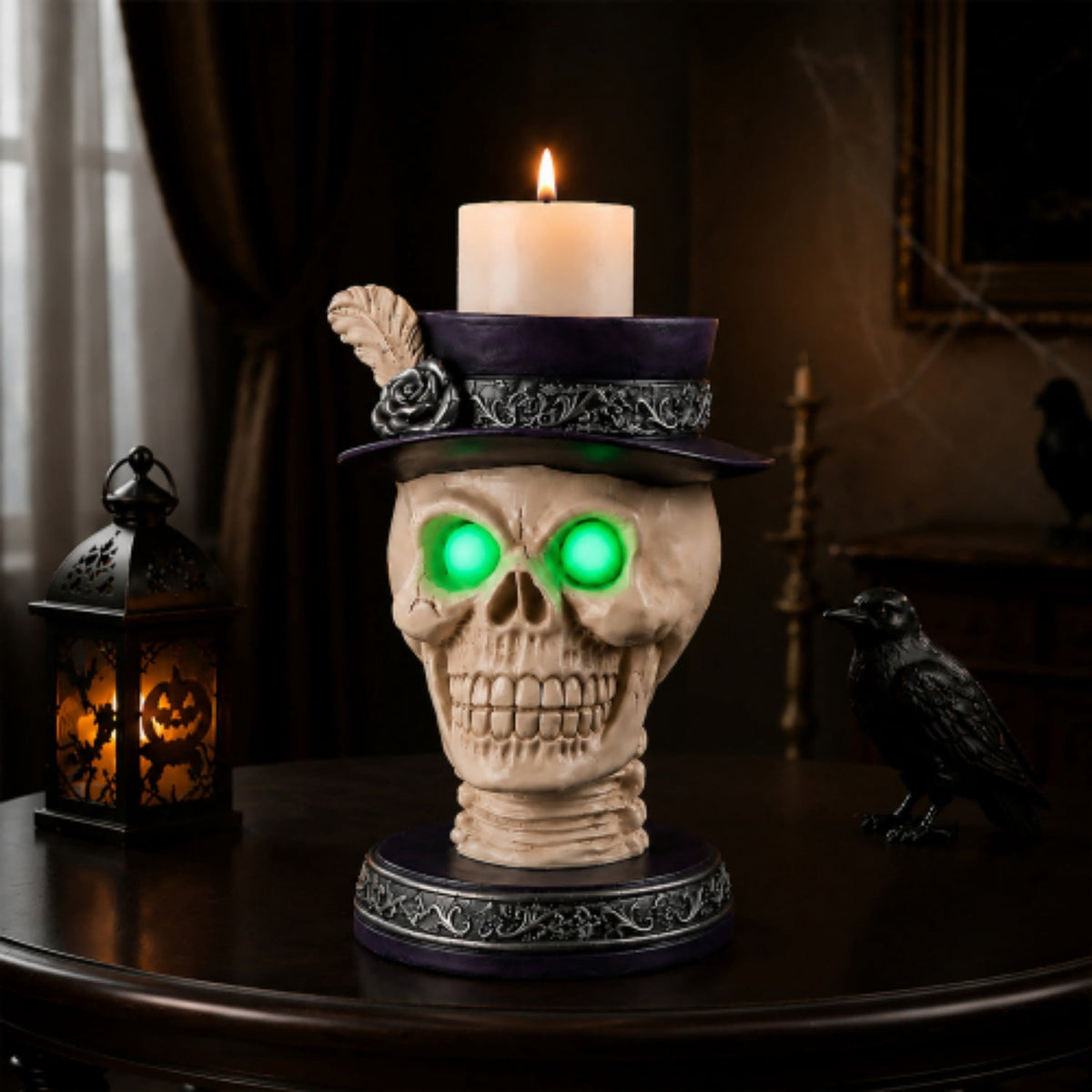 Halloween Skeleton Butler Floor Statue with Serving Tray & Realistic Black Cat, 35.43 Inch Gothic Resin Standing Decor for Entryway, Porch, Living Room, Halloween Party Home Decoration